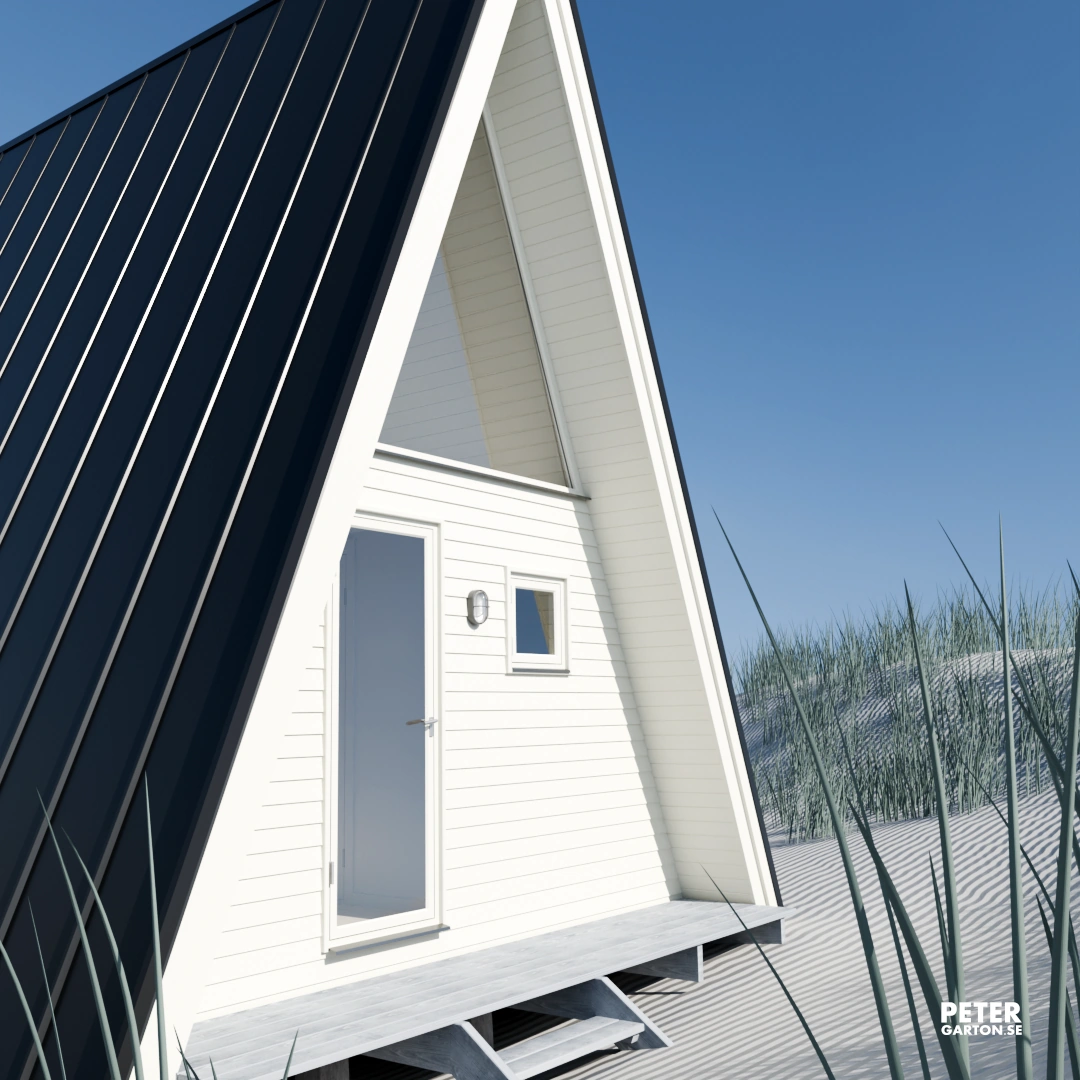 3D visualisering A-frame hus vid havet vy mot baksida med entré 3D visualisering A-frame hus vid havet vy mot baksida med entré