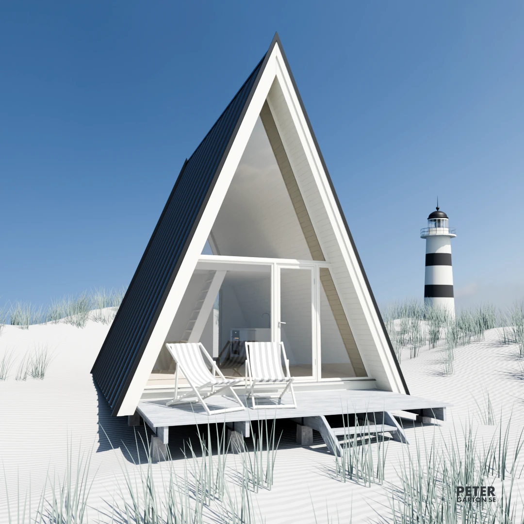 3D visualisering A-frame hus vid havet vy mot framsida 3D visualisering A-frame hus vid havet vy mot framsida
