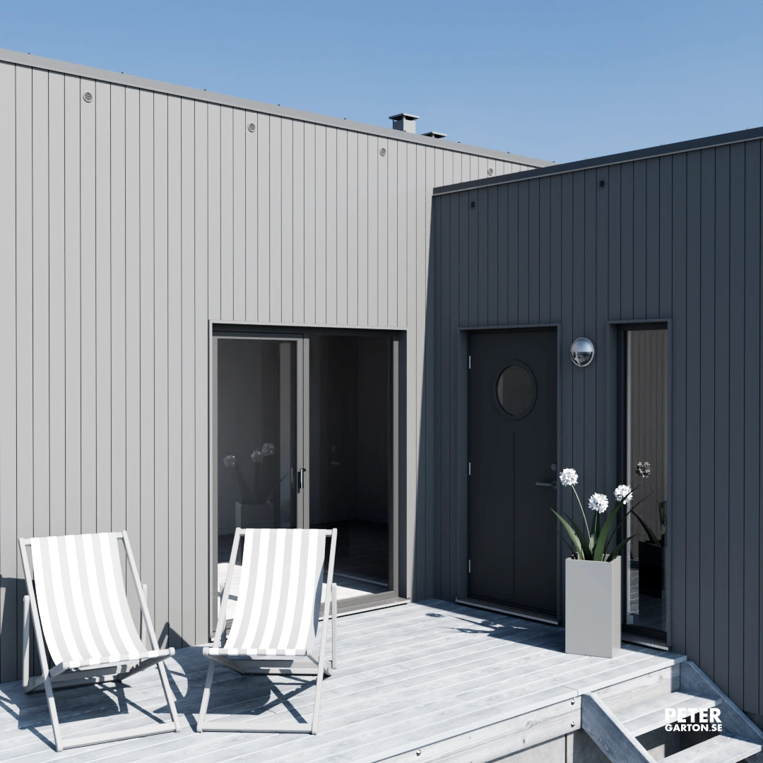 3D visualisering och design av kompakt vinkelhus vid havet med bild på entrén 3D visualisering och design av kompakt vinkelhus vid havet med bild på entrén