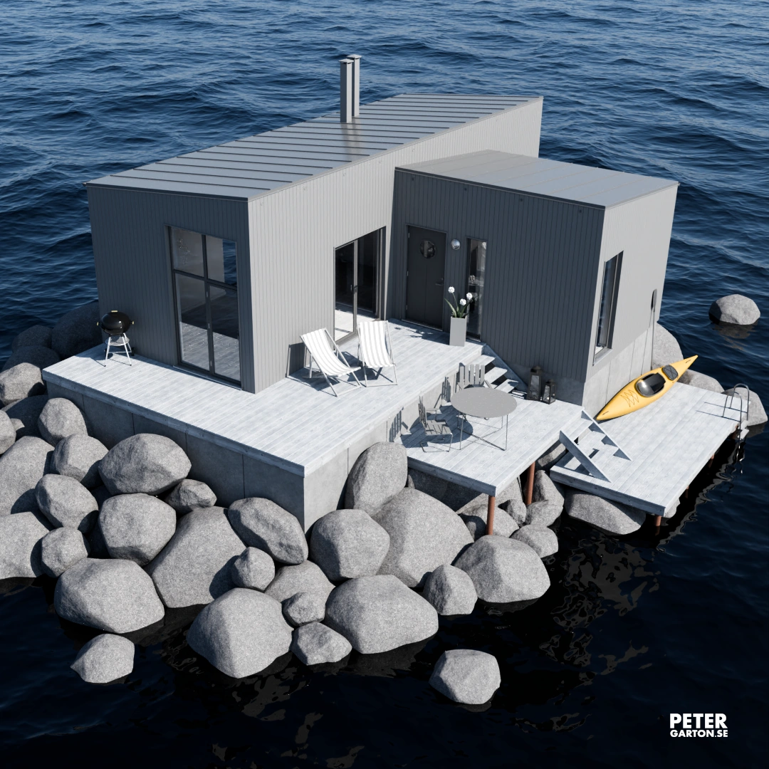 3D visualisering och design av kompakt vinkelhus vid havet sett från fågelperspektiv 3D visualisering och design av kompakt vinkelhus vid havet sett från fågelperspektiv