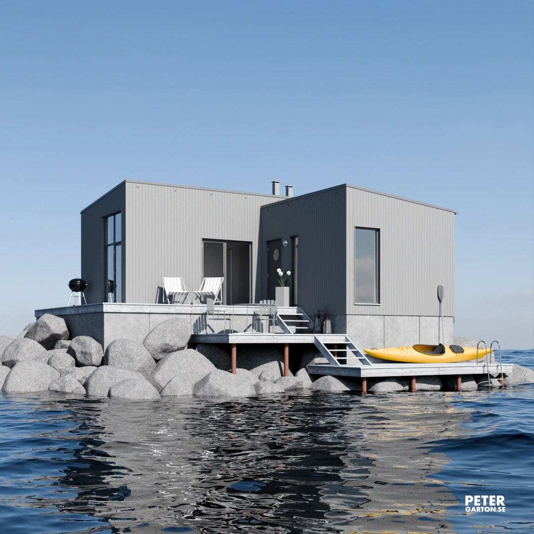 3D visualisering och design av kompakt vinkelhus vid havet sett från havet 3D visualisering och design av kompakt vinkelhus vid havet sett från havet