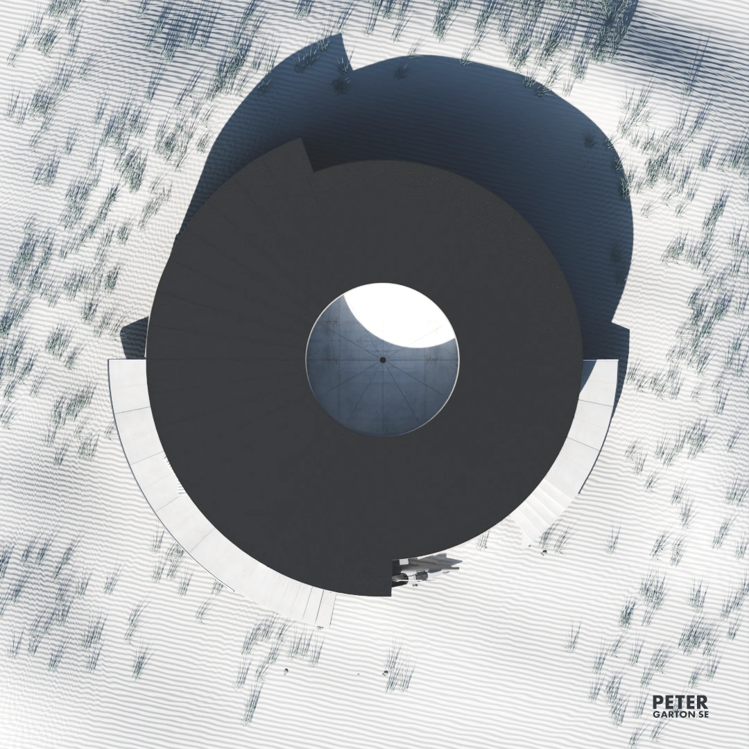 3D visualisering av runt hus med atrium på en strand. Fågelperspektiv.