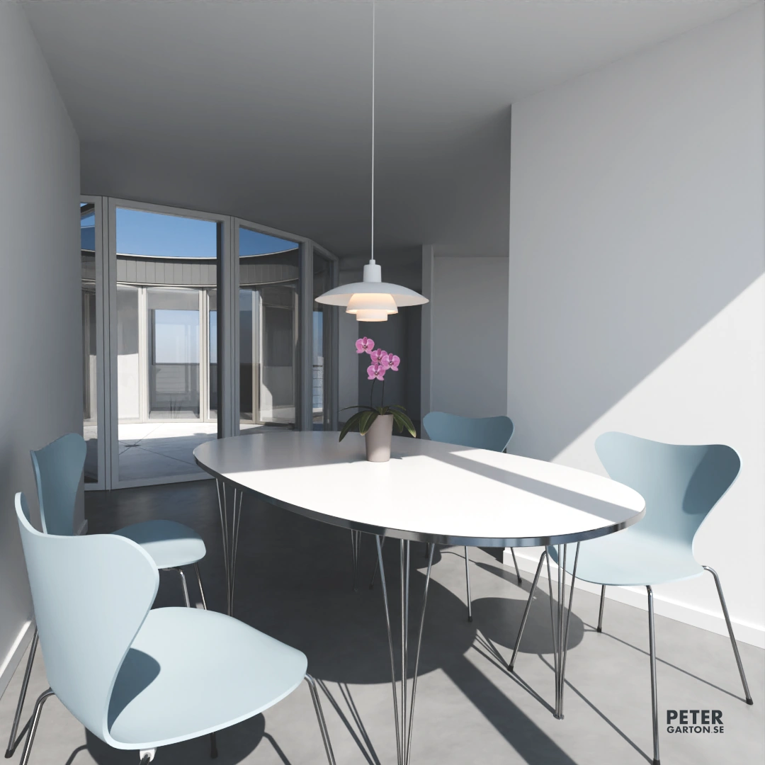 3D visualisering av runt hus med atrium. Bild på matplats.