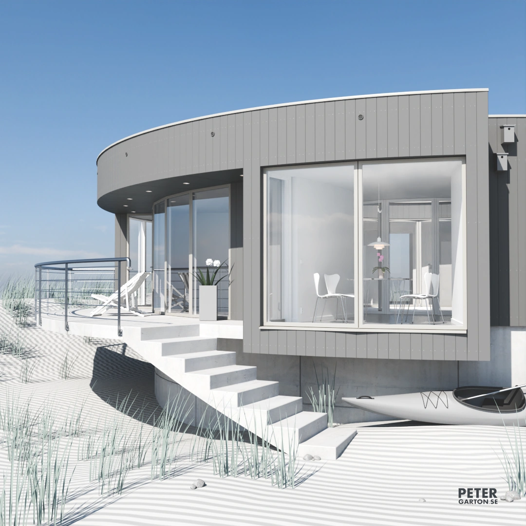 3D visualisering av runt hus med atrium på en strand. Vy mot burspråk.