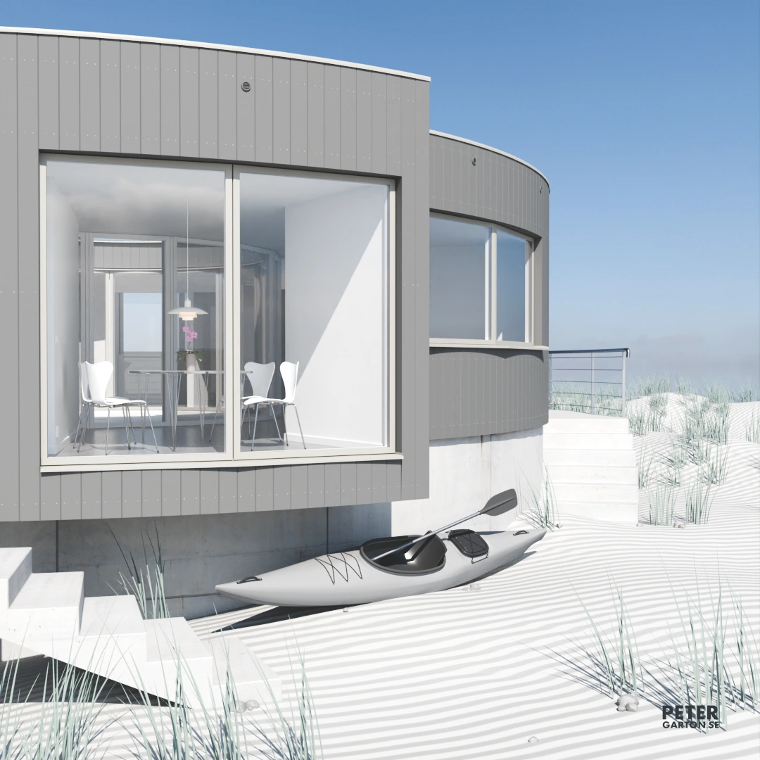3D visualisering av runt hus med atrium på en strand bland sanddynor och strandråg. Vy mot burspråk.