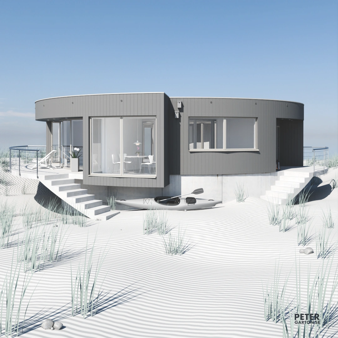 3D visualisering av runt hus med atrium på en strand bland sanddynor och strandråg.