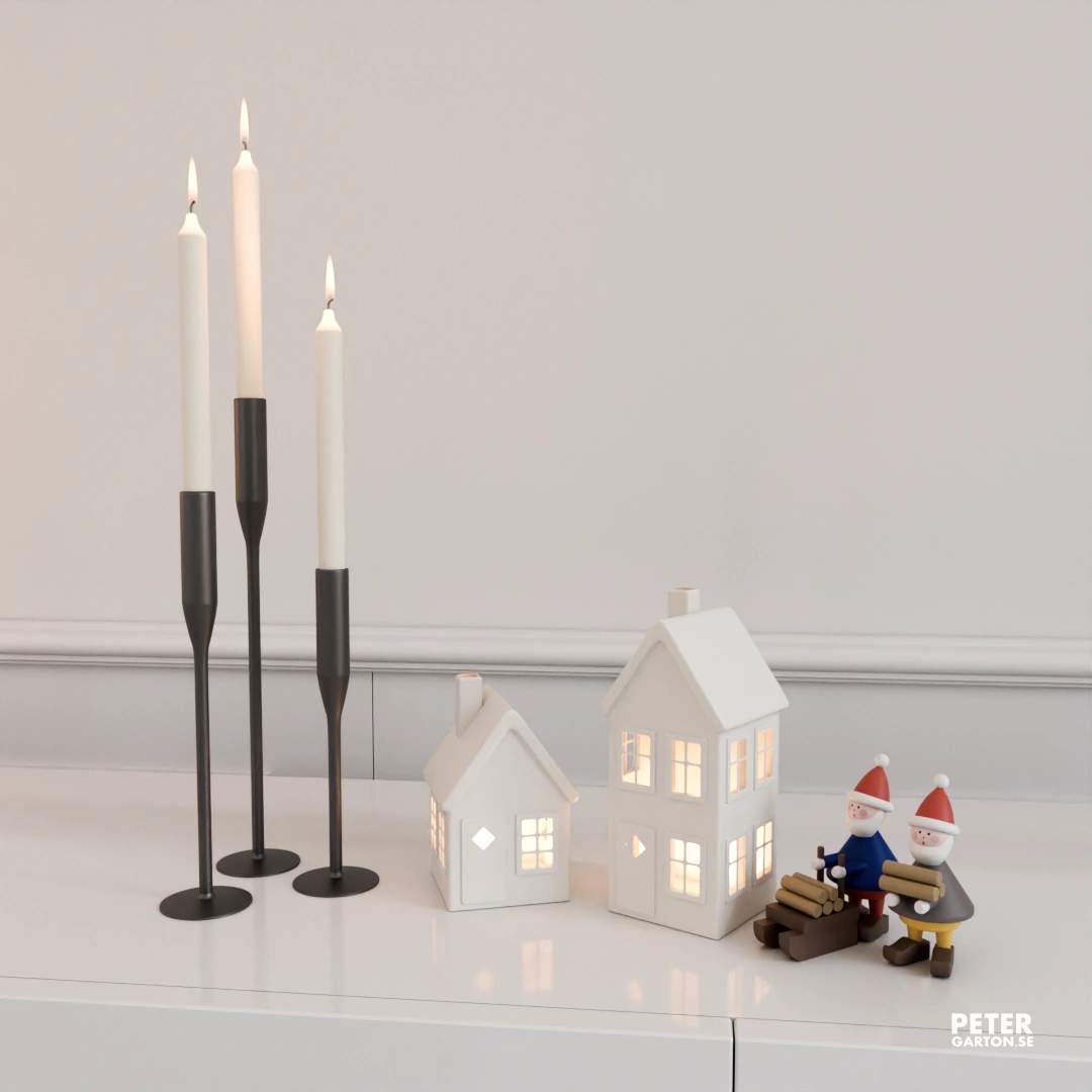 3D visualisering lysande keramikhus och tomtar på sideboard i sekelskifteslägenhet 3D visualisering lysande keramikhus och tomtar på sideboard i sekelskifteslägenhet