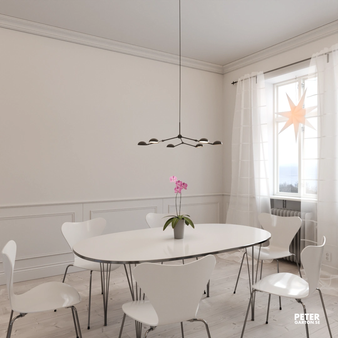 3D visualisering matplats i sekelskifteslägenhet med stilrena och tidlösa möbler 3D visualisering matplats i sekelskifteslägenhet med stilrena och tidlösa möbler