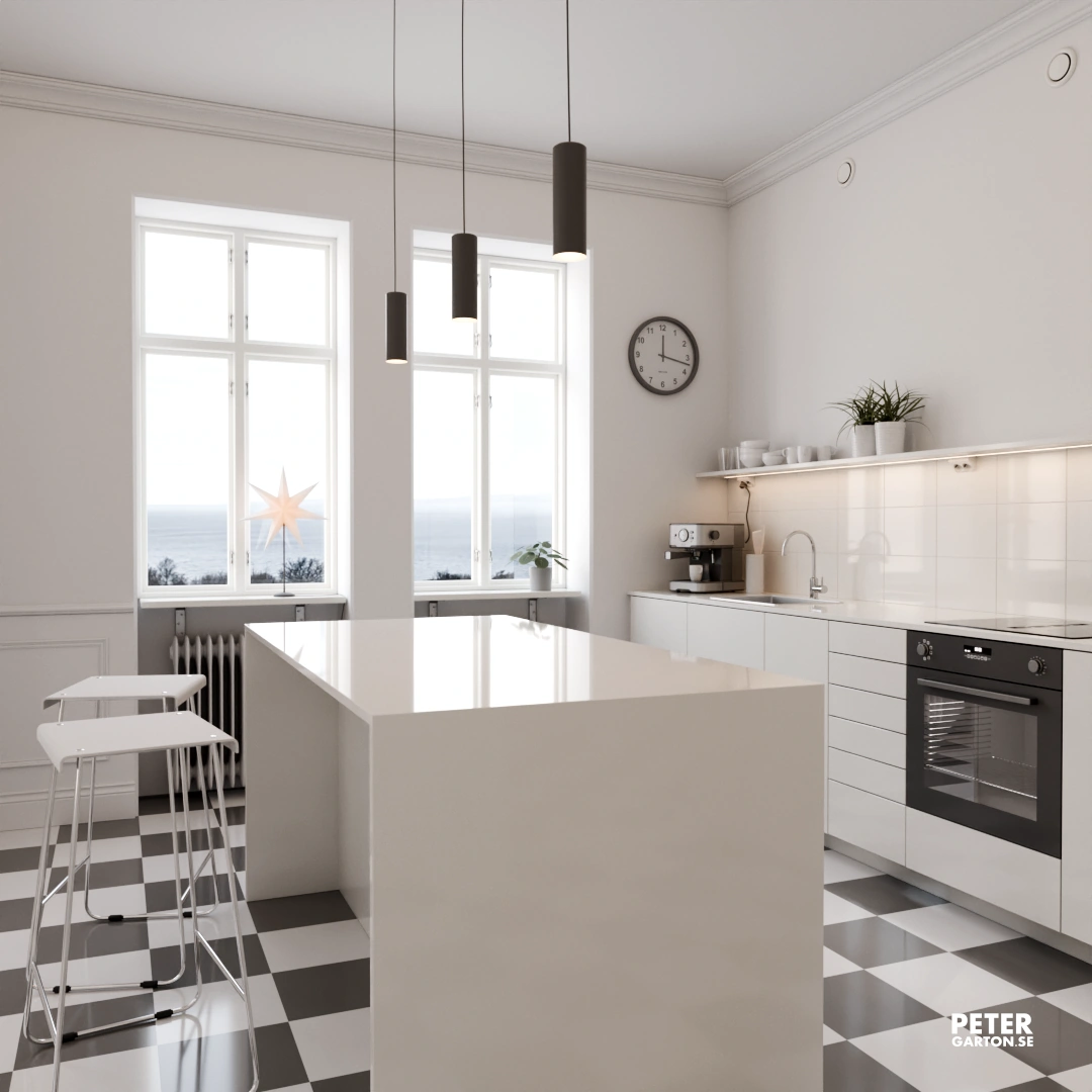 3D visualisering av ett modernt kök i sekelskifteslägenhet 3D visualisering av ett modernt kök i sekelskifteslägenhet