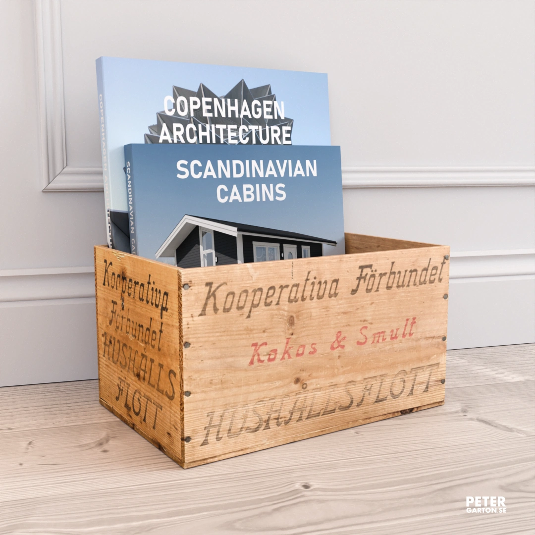 3D visualisering av böcker i en gammal trälåda till sekelskifteslägenhet 3D visualisering av böcker i en gammal trälåda till sekelskifteslägenhet