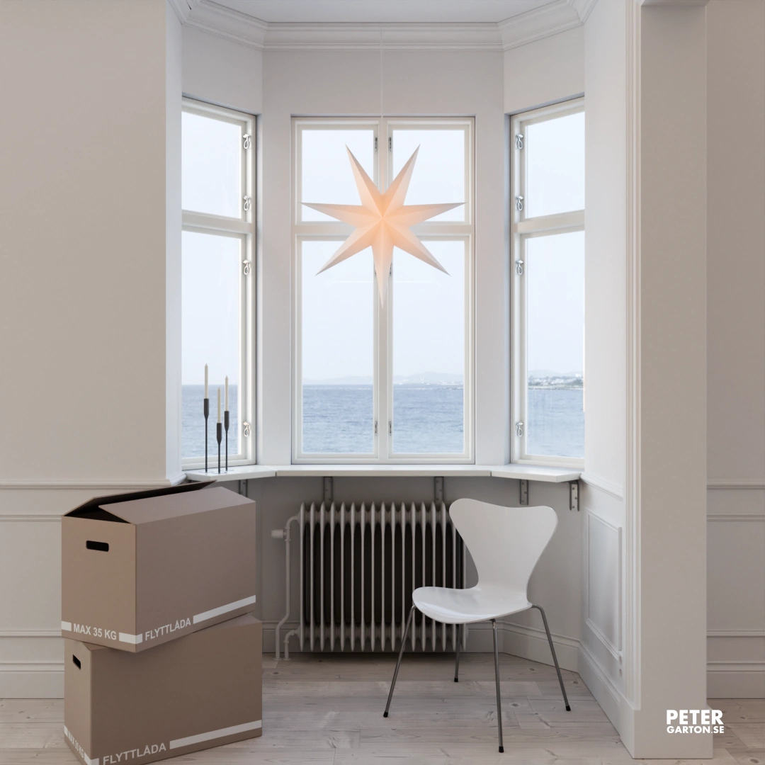 3D visualisering burspråk med utsikt mot havet i sekelskifteslägenhet 3D visualisering burspråk med utsikt mot havet i sekelskifteslägenhet