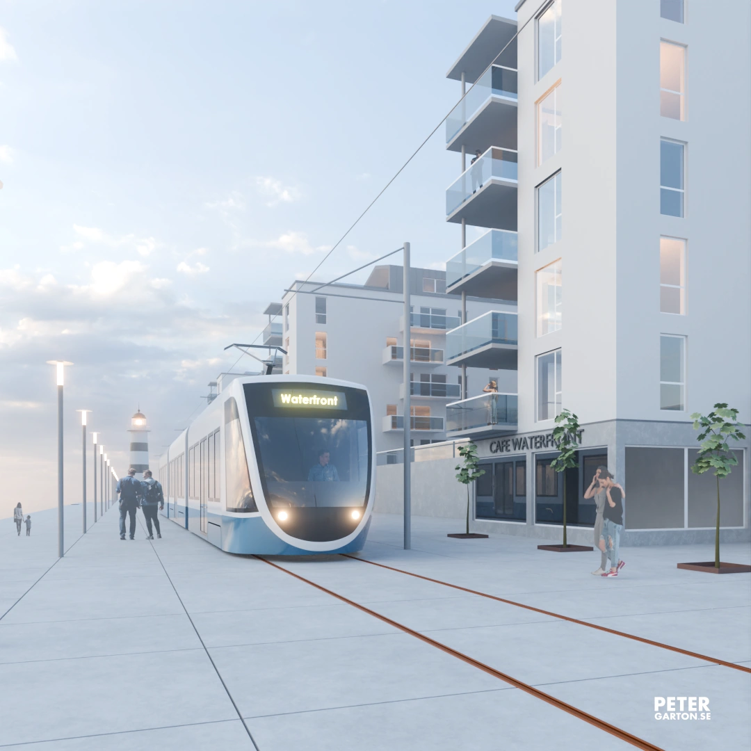 3D visualisering stadsbyggnad Waterfront ny stadsdel med bostäder, butiker och ny spårvagnslinje