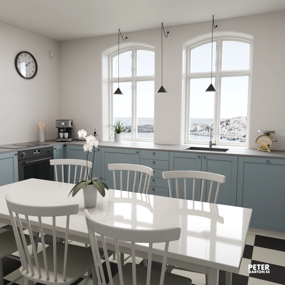 3D visualisering stilrent vinkelkök i skandinavisk design med svarta lampor