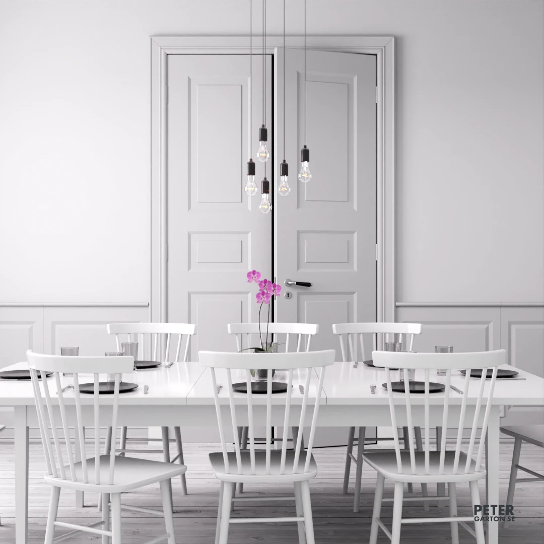 3D visualisering lägenhet i sekelskiftesbyggnad med moderna stolar och matbord