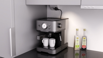 Minimalist kitchen with close up of an espresso machine